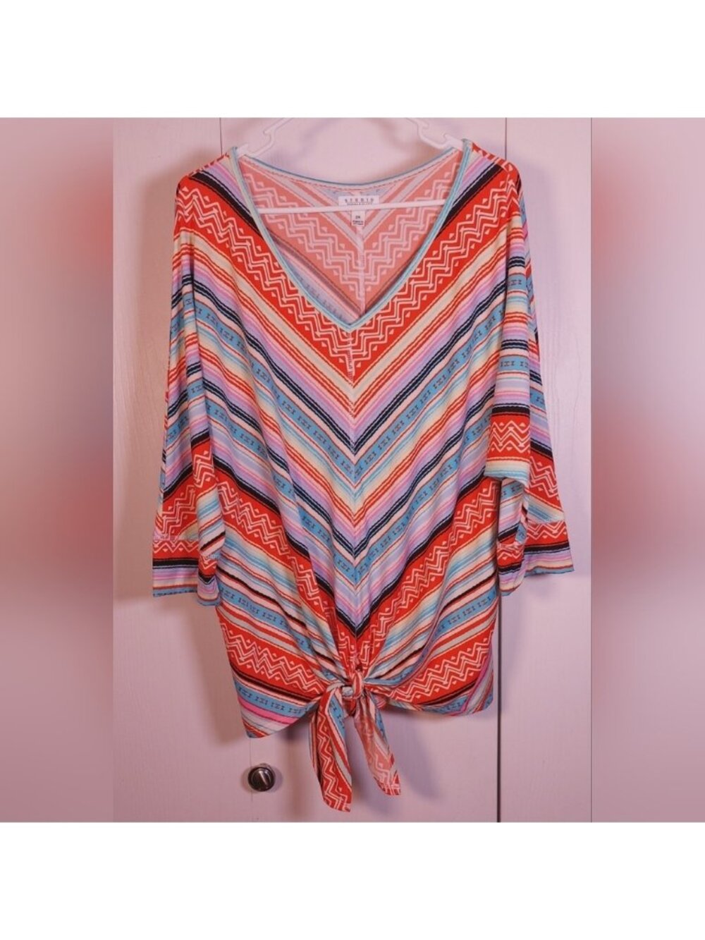 Studio Woman JPR Colorful Top Size 2X Stripes Tie Front Retro Blouse Pullover